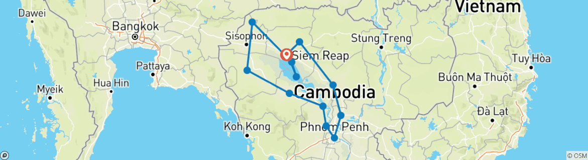 Map of Private Cambodia Highlight 10 Days Tour