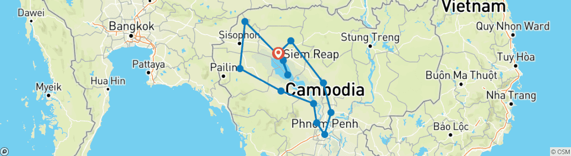 Carte du circuit Circuit privé de 10 jours au Cambodge