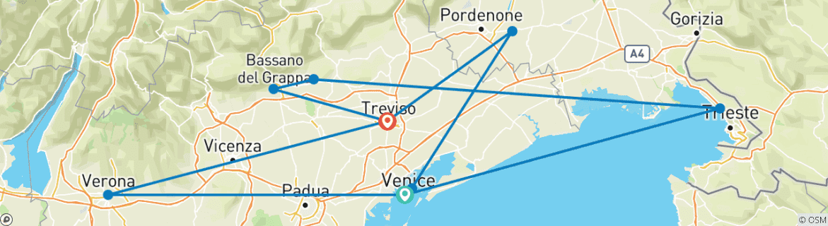 Karte von Norditalien mit Venedig, Verona und den Dolomiten