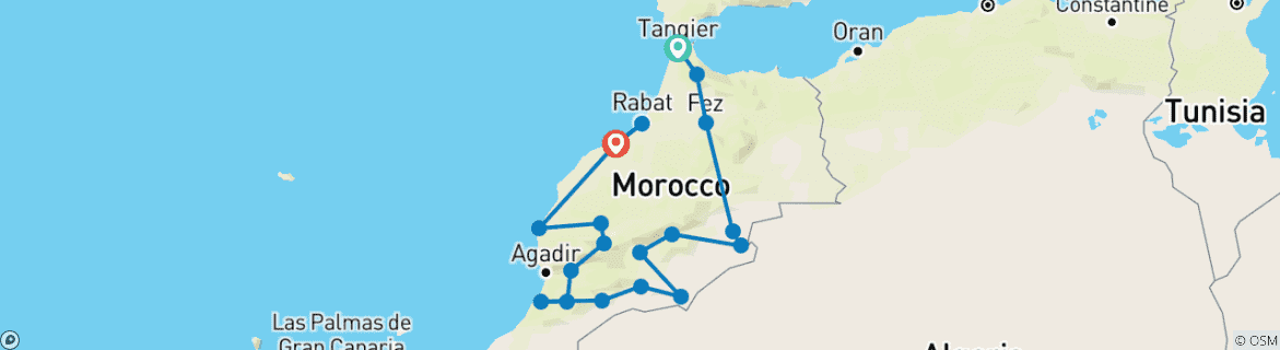 Map of 22 Days Tour From Tangier To Marrakech (Private)