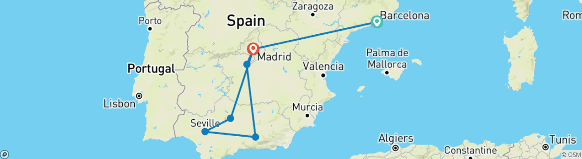 Map of 9-Day Tour from Barcelona to Madrid with Andalusia and Toledo