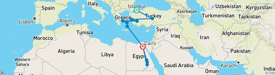 Map of Best of Mediterranean Sea Tour of Turkey, Greece and Egypt