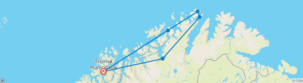 Mapa de Cabo Norte bajo la nieve - En vuelo y en coche