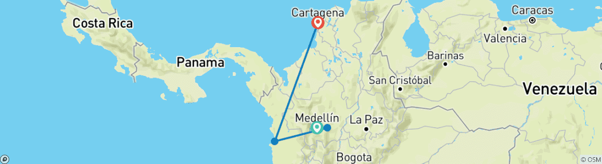 Karte von Medellin, Pazifikküste und Cartagena - 10 Tage