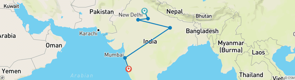 Karte von Indiens Goldenes Dreieck mit Varanasi & Mumbai & Goa - 14 Tage