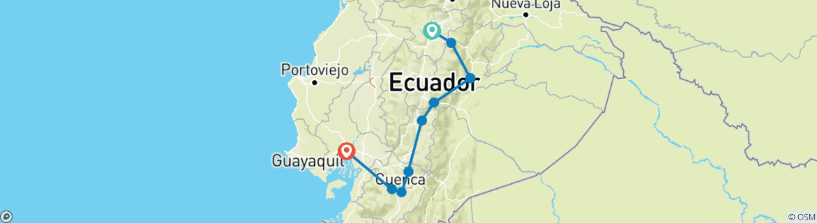 Map of Ecuador from Quito to Guayaquil with Amazon Region