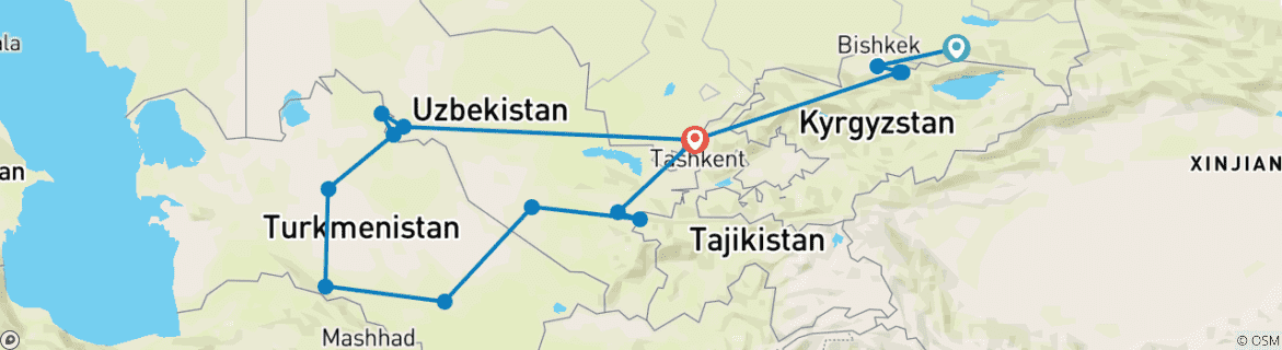 Map of Tour along 5-stans countries - Silk Road of Central Asia