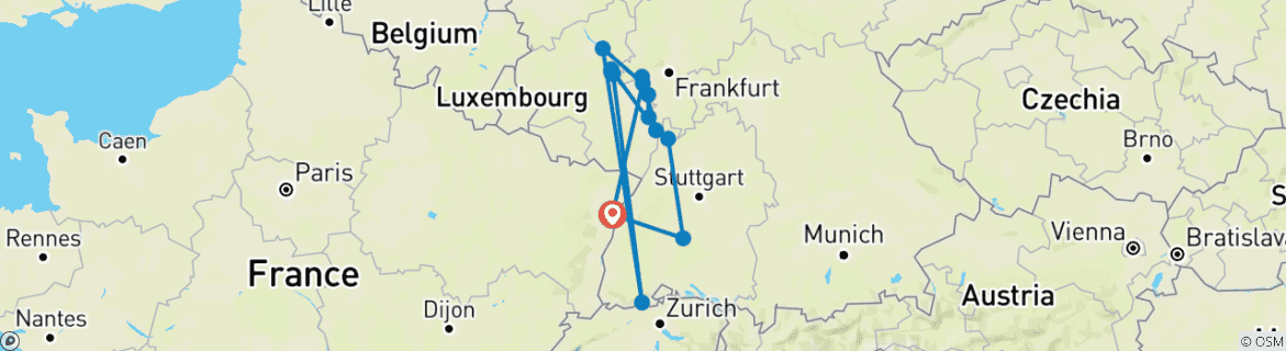 Image of a map showing the route of the tour
