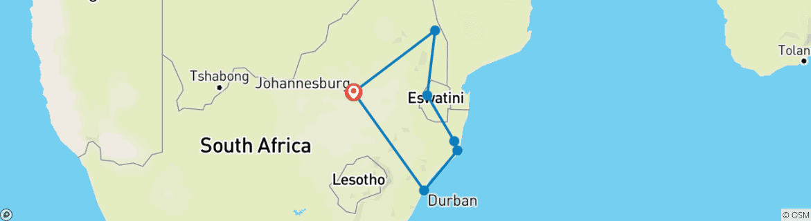 Map of Kruger Safari with Eswatini (7 Days)