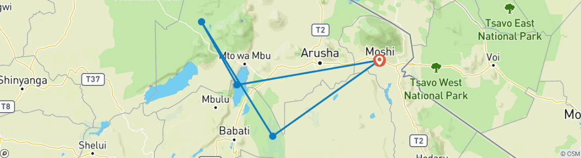 Map of 3 Days Wildlife Tanzania Safari - Lake Manyara National Park, Tarangire national Park & Ngorongoro Crater