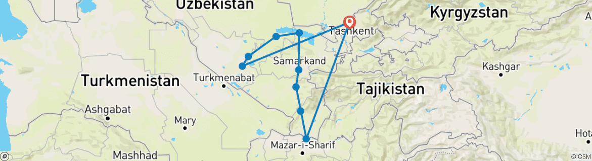 Image of a map showing the route of the tour