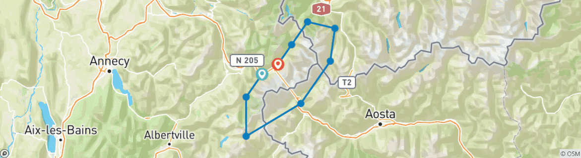 Carte du circuit Tour du Mont Blanc 12 jours auto- guidés