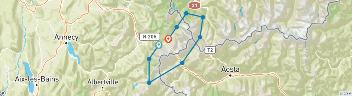 Carte du circuit Tour du Mont Blanc 12 jours auto- guidés