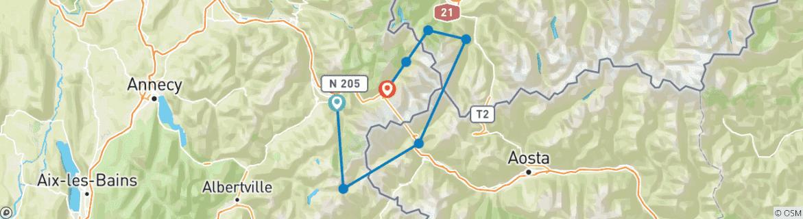 Carte du circuit Tour du Mont Blanc 8 jours auto- guidés