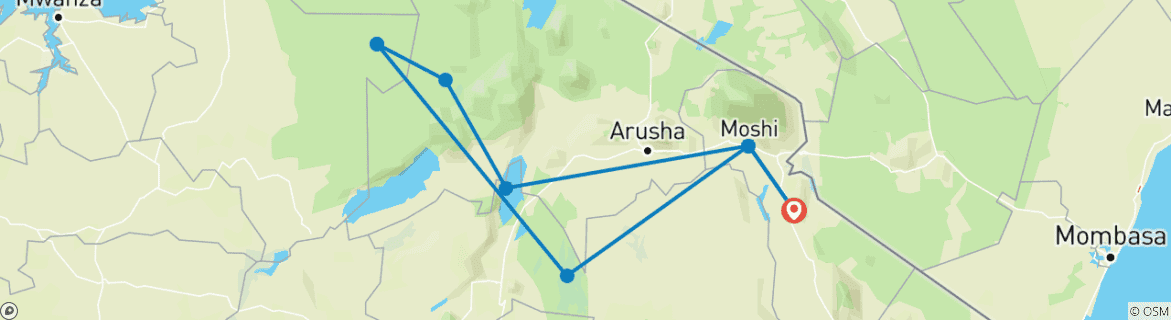 Map of Northern Tanzania Safari. (Accommodation and Transport are Included.)