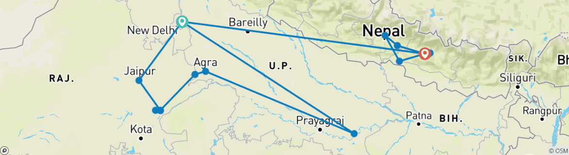 Karte von Indien und Nepal Rundreise