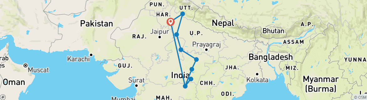 Image of a map showing the route of the tour