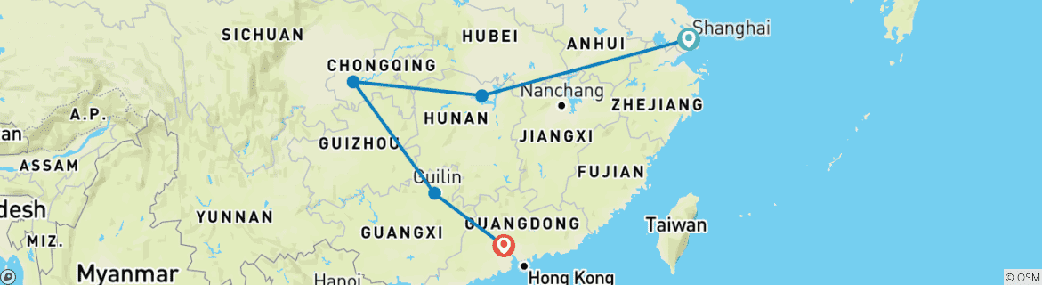 Image of a map showing the route of the tour