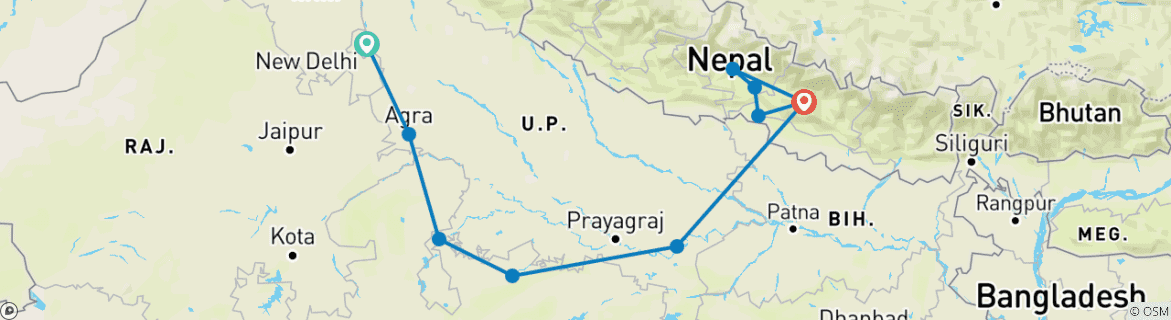 Image of a map showing the route of the tour