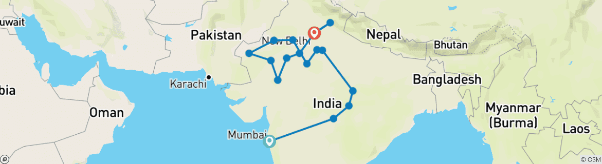 Carte du circuit Circuit luxueux de 26 jours en Inde pour découvrir la faune et la flore du Rajasthan au départ de Mumbai (TOUT COMPRIS)