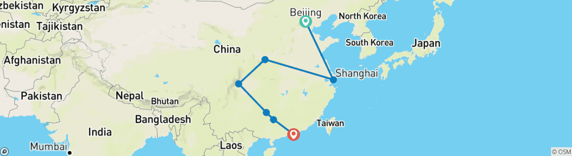 Map of Amazing China 18 Days from Beijing to Hong Kong