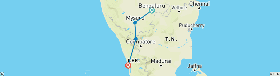 Map of Cultural heartlands of 7 Days of South India tour