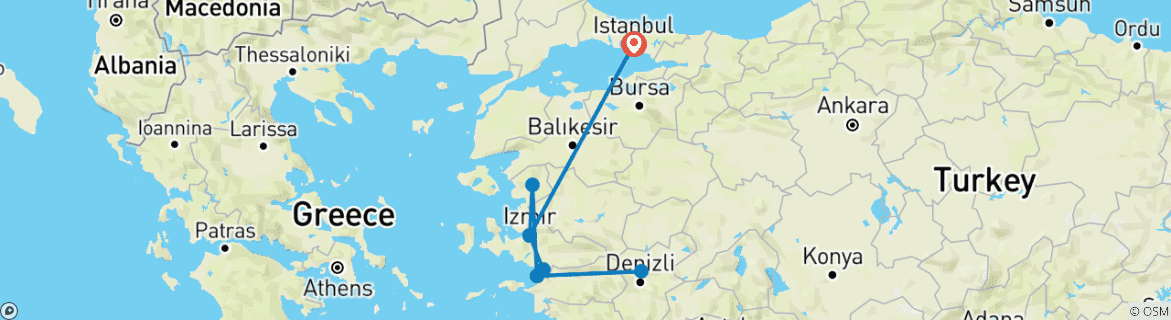 Carte du circuit 3 jours d'excursion à Éphèse, Pamukkale et Pergame au départ d'Istanbul