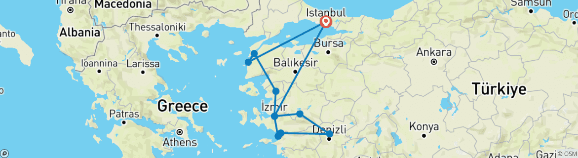 Image of a map showing the route of the tour