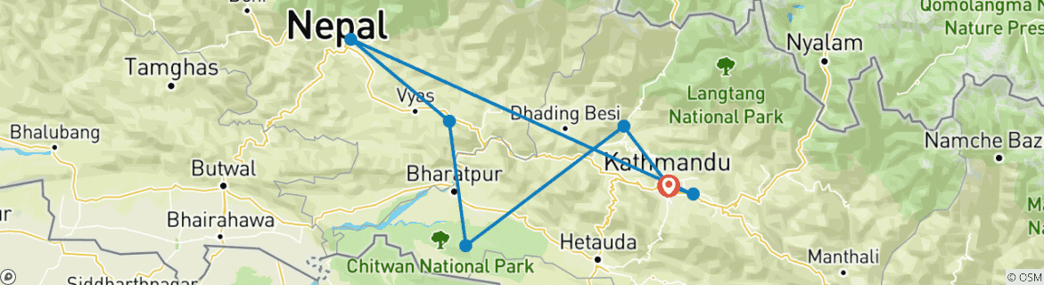 Karte von Nepals Goldenes Dreieck: Kathmandu, Pokhara und Chitwan