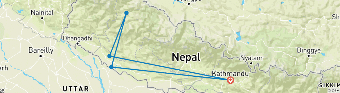 Map of Temple, Tiger & Nepal's Biggest Rara Lake Tour