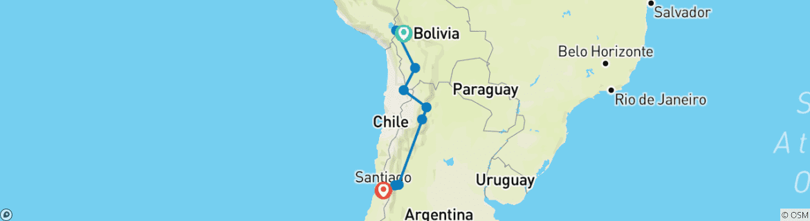 Carte du circuit De La Paz à Santiago via Uyuni (21 jours/20 nuits)