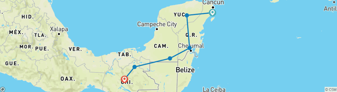 Map of The Mayan Trail Westbound