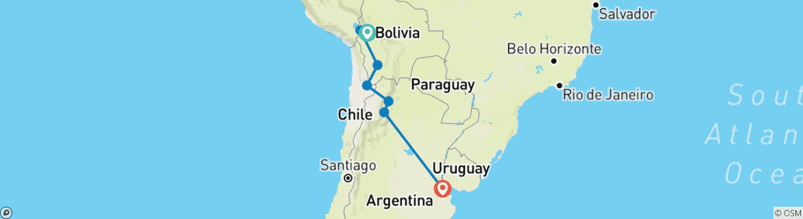 Carte du circuit De La Paz à Buenos Aires via Uyuni - 19 jours/ 18 nuits