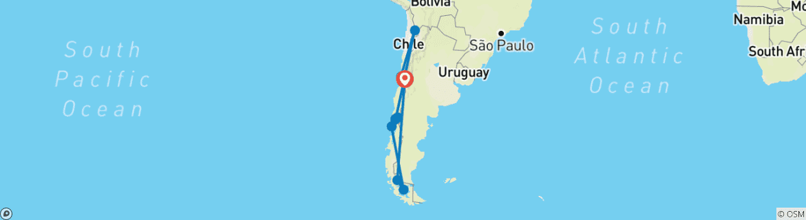 Map of 18 Days Santiago, San Pedro de Atacama, Puerto Varas and Patagonia