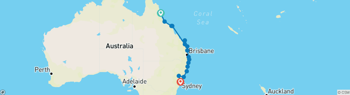 Karte von Ostküste Australien von Cairns nach Sydney 19 Tage