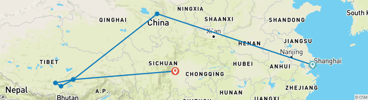 Map of From Shanghai to Chengdu Via Lhasa