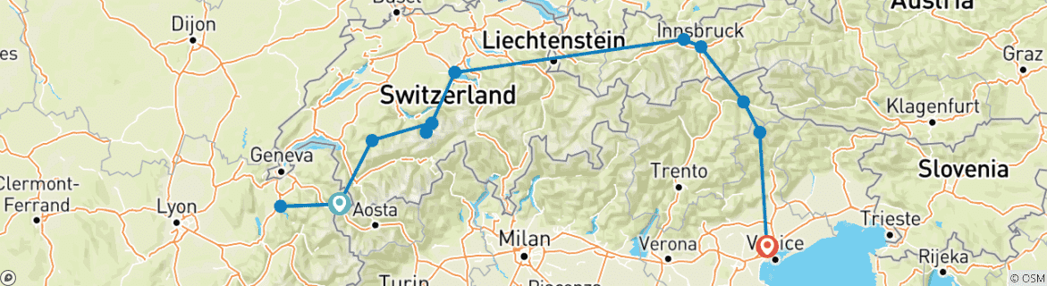 Carte du circuit Les sommets d'Europe : Des Alpes aux Dolomites avec la France, la Suisse, le Liechtenstein, l'Autriche et l'Italie (de Chamonix à Mogliano Veneto) (2024)