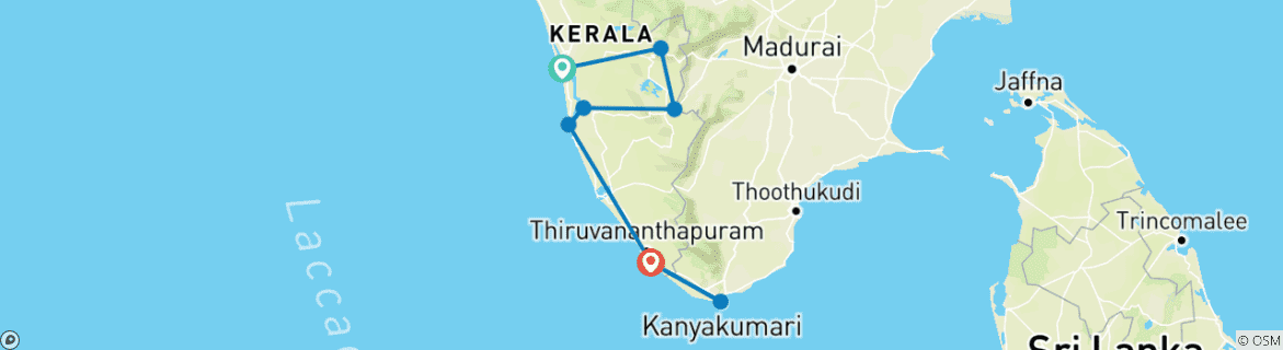 Map of Southern India Tour with Beaches and Houseboat Experience