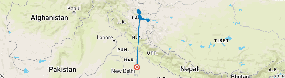 Mapa de Paquete turístico a Leh Ladakh desde Delhi con vuelos