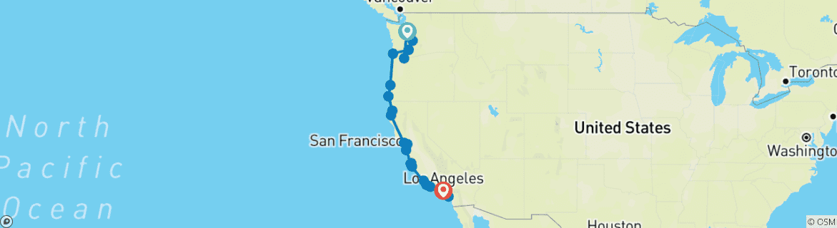 Map of U.S. Small Group Tour - Seattle to Los Angeles