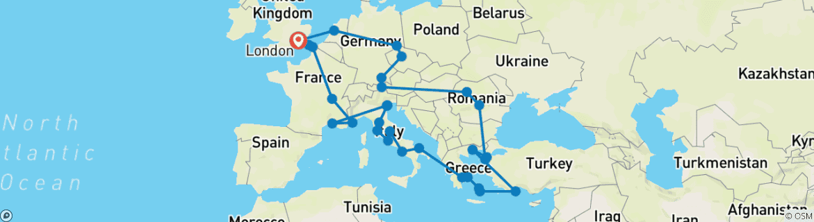 Map of Ultimate European (Greek Islands, Start Paris, 45 Days)