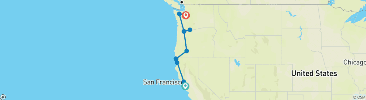 Map of San Francisco to Seattle