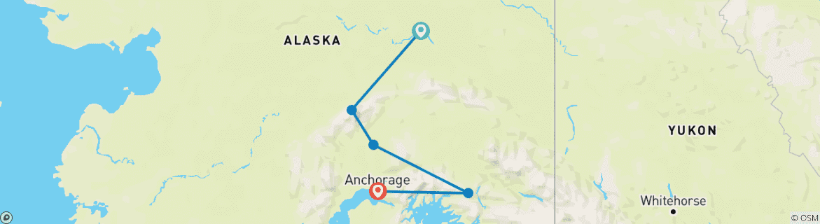 Map of Alaska Northern Lights and Snowshoe Tour Southbound