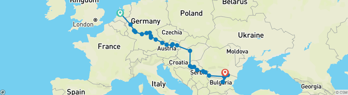 Mapa de Ríos emblemáticos de Europa: Rin, Meno y Danubio con una noche en Bucarest 2025