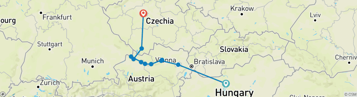 Map of Active & Discovery on the Danube with 1 Night in Budapest & 2 Nights in Prague (Westbound) 2025