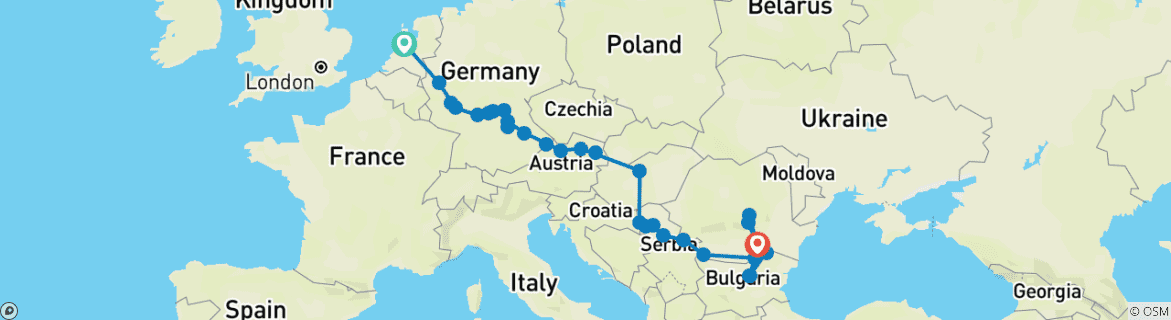 Karte von Ikonische Flüsse Europas - Rhein, Main und Donau mit Bukarest und Transsilvanien