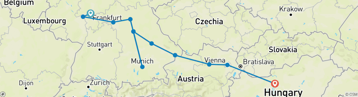 Map of Christmastime from Frankfurt to Budapest 2025