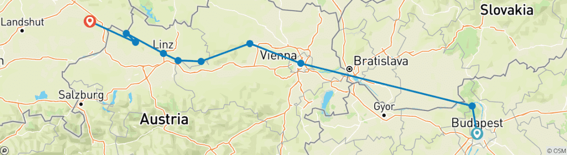 Map of Active & Discovery on the Danube with 1 Night in Budapest (Westbound) 2025