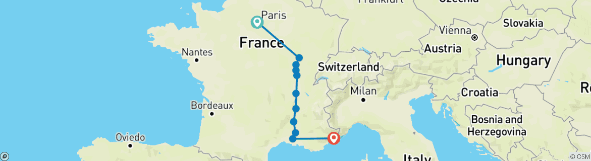 Map of Burgundy & Provence with 2 Nights in Paris & 2 Nights in French Riviera (Southbound) 2025