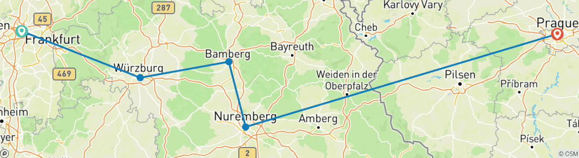 Karte von Festtage im Herzen von Deutschland mit 2 Nächten in Prag (von Frankfurt am Main bis Prag)